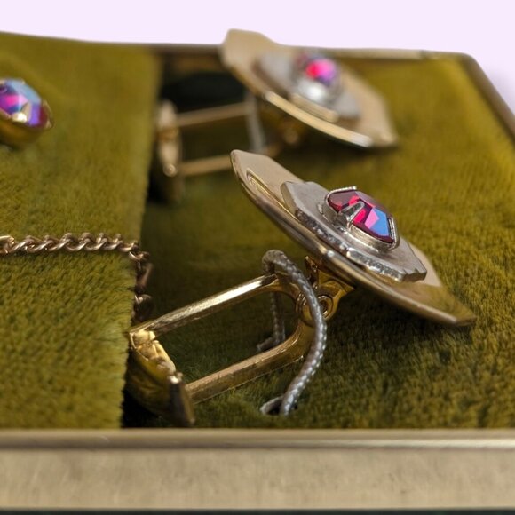 Vintage Red Glass Cufflink & Tie Pin Set - Picture 6 of 8